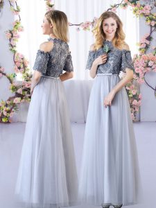 Stunning Short Sleeves Floor Length Appliques Zipper Bridesmaid Dress with Grey