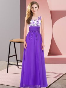 Best Selling Purple Empire Chiffon Scoop Sleeveless Appliques Floor Length Backless Bridesmaid Gown