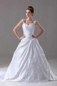 Colorful Brush Train Ball Gowns Wedding Dresses White Straps Taffeta Sleeveless Lace Up