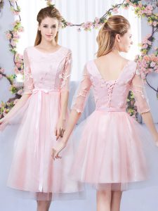 Perfect Tulle Scoop Half Sleeves Lace Up Lace and Belt Wedding Party Dress in Baby Pink