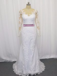 White Scoop Neckline Lace and Belt Wedding Dresses Long Sleeves Clasp Handle
