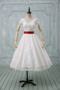 Hot Selling White Ball Gowns V-neck Short Sleeves Lace Tea Length Zipper Lace and Belt Wedding Gown