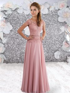 Pink Scoop Neckline Beading and Lace Dress for Prom Short Sleeves Zipper