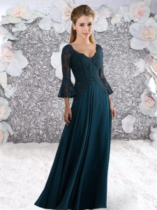 Superior Floor Length Teal Homecoming Dress Chiffon 3 4 Length Sleeve Lace