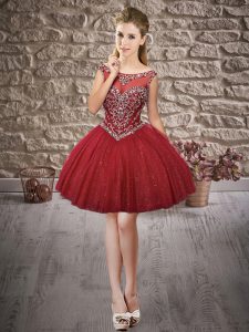 Stunning Sleeveless Tulle Mini Length Zipper Homecoming Dress in Wine Red with Beading
