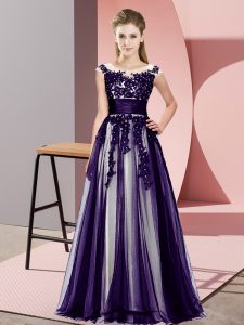 Tulle Scoop Sleeveless Zipper Beading and Lace Bridesmaid Gown in Purple