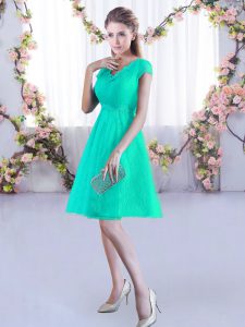 Turquoise Lace Up Dama Dress for Quinceanera Ruching Cap Sleeves Mini Length
