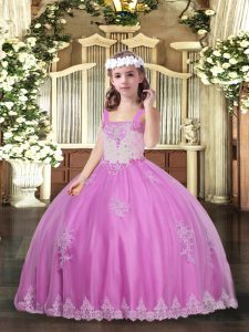 Tulle Sleeveless Floor Length Little Girls Pageant Dress and Appliques