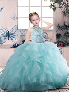 Luxurious Floor Length Zipper Little Girls Pageant Dress Aqua Blue for Party and Sweet 16 and Wedding Party with Beading