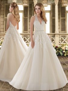 Suitable White Wedding Dresses Wedding Party with Beading and Lace Halter Top Sleeveless Brush Train Backless