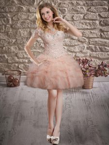 Decent Off The Shoulder Sleeveless Lace Up Prom Dresses Peach Tulle