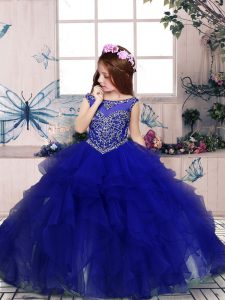Exquisite Floor Length Lace Up Pageant Dress for Girls Royal Blue for Party and Sweet 16 and Wedding Party with Beading 