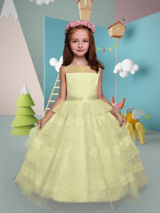 Shining Organza Scoop Sleeveless Zipper Lace and Ruffled Layers Flower Girl Dresses in Yellow