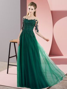 Simple Dark Green Empire Beading and Lace Quinceanera Court of Honor Dress Lace Up Chiffon Half Sleeves Floor Length