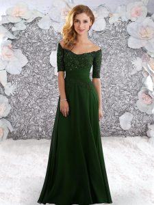 Beautiful Dark Green Half Sleeves Floor Length Beading and Lace Zipper Prom Dresses