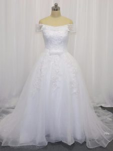 Vintage White Tulle Lace Up Off The Shoulder Sleeveless Wedding Dress Court Train Beading and Lace and Belt