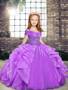 Elegant Lavender Lace Up Straps Beading and Ruffles Girls Pageant Dresses Organza Sleeveless