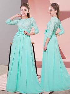 Elegant Apple Green Empire Scoop 3 4 Length Sleeve Chiffon Floor Length Side Zipper Lace and Belt Bridesmaids Dress
