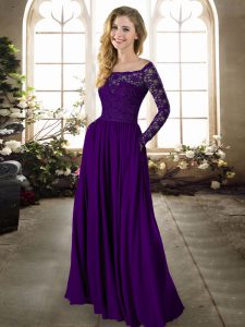 Purple Empire Chiffon Off The Shoulder Long Sleeves Lace Floor Length Zipper Bridesmaid Gown