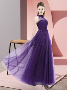 Empire Bridesmaid Dress Purple Halter Top Tulle Sleeveless Floor Length Lace Up