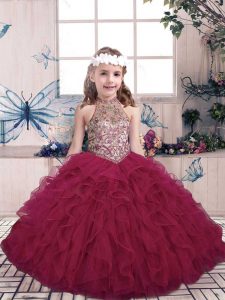 Fuchsia Ball Gowns Tulle High-neck Sleeveless Beading and Ruffles Floor Length Lace Up Child Pageant Dress