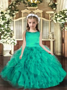 Latest Turquoise Ball Gowns Ruffles Little Girls Pageant Dress Wholesale Lace Up Tulle Sleeveless Floor Length
