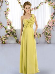 Sleeveless Chiffon Floor Length Lace Up Quinceanera Court Dresses in Yellow Green with Hand Made Flower