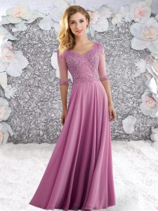 Adorable Half Sleeves Floor Length Beading Zipper Prom Evening Gown with Rose Pink