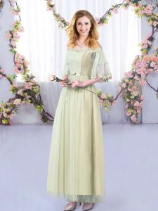 Yellow Green Tulle Side Zipper Off The Shoulder Half Sleeves Floor Length Wedding Guest Dresses Lace and Belt