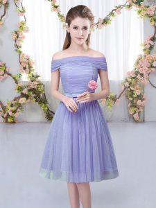Belt Wedding Party Dress Lavender Lace Up Short Sleeves Knee Length