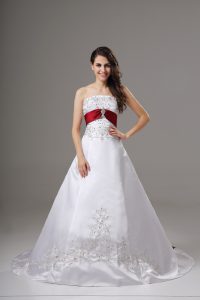 White Satin Lace Up Strapless Sleeveless Wedding Dress Brush Train Beading and Embroidery