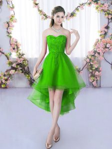 A-line Bridesmaid Gown Green Sweetheart Tulle Sleeveless High Low Lace Up