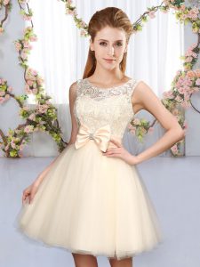 Popular Champagne Scoop Lace Up Lace and Bowknot Court Dresses for Sweet 16 Sleeveless