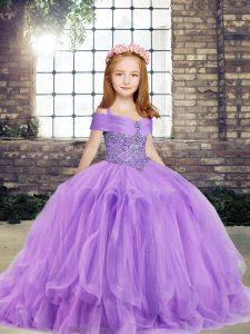Perfect Lavender Tulle Lace Up Straps Sleeveless Floor Length Pageant Dress Beading