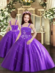 High End Purple Ball Gowns Straps Sleeveless Tulle Floor Length Lace Up Beading and Ruffled Layers Kids Formal Wear