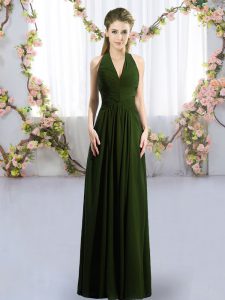 Fashion Olive Green Lace Up Halter Top Ruching Wedding Guest Dresses Chiffon Sleeveless