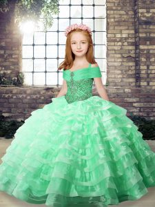 Apple Green Kids Formal Wear Party and Military Ball and Wedding Party with Beading and Ruffled Layers Straps Sleeveless