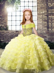 Unique Yellow Ball Gowns Beading and Ruffled Layers Kids Pageant Dress Lace Up Organza Sleeveless