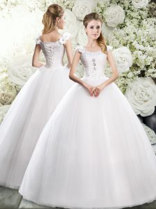 Pretty White Sleeveless Tulle Lace Up Wedding Gowns for Wedding Party