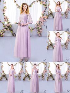 Lavender Empire Lace and Belt Court Dresses for Sweet 16 Side Zipper Tulle Half Sleeves Floor Length