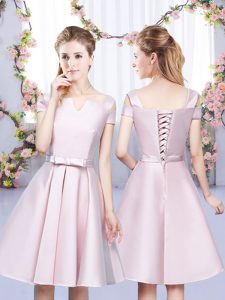 Sleeveless Mini Length Bowknot Lace Up Dama Dress with Baby Pink