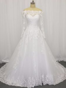 Traditional White Off The Shoulder Clasp Handle Beading and Lace Wedding Gown Brush Train Long Sleeves