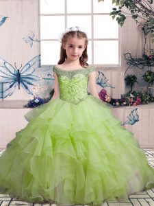 Off The Shoulder Sleeveless Lace Up Girls Pageant Dresses Yellow Green Organza