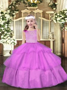 Lilac Ball Gowns Scoop Sleeveless Organza Floor Length Zipper Beading and Ruffled Layers Pageant Dress