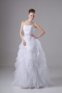 Unique Floor Length White Bridal Gown Organza Sleeveless Beading and Ruffles