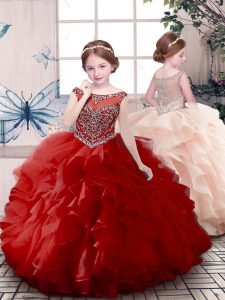 Hot Selling Floor Length Red Little Girls Pageant Gowns Scoop Sleeveless Zipper