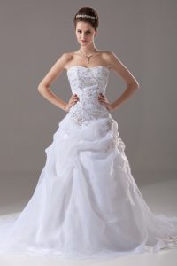 Spectacular Sleeveless Brush Train Embroidery Lace Up Wedding Gown