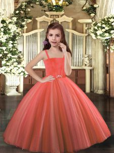Modern Rust Red Tulle Lace Up Straps Sleeveless Floor Length Kids Formal Wear Beading
