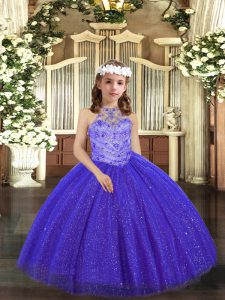 High Quality Floor Length Royal Blue Little Girls Pageant Gowns Tulle Sleeveless Beading