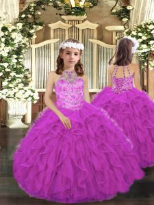 Gorgeous Floor Length Lace Up Pageant Gowns Fuchsia for Party and Sweet 16 and Wedding Party with Beading and Ruffles